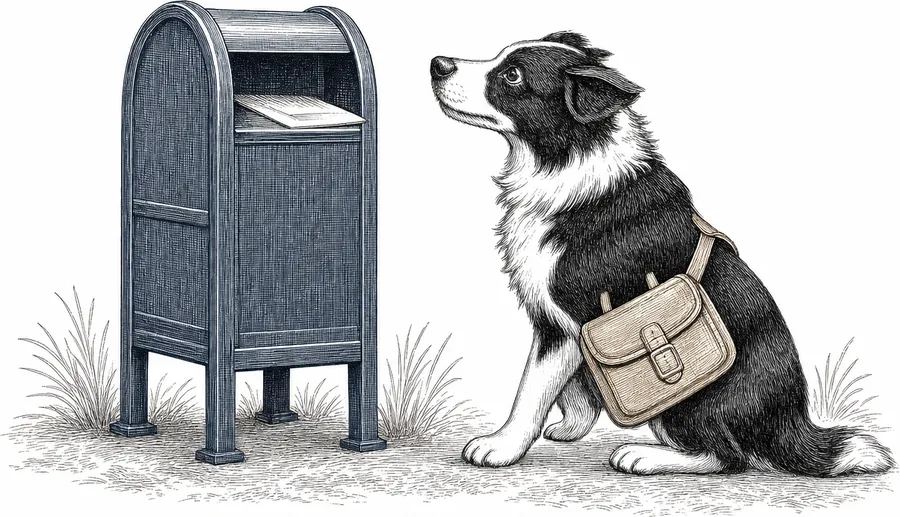 A border collie with a mail satchel sitting beside a blue mailbox