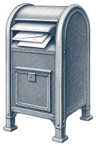 A blue mail collection box with letters in the slot